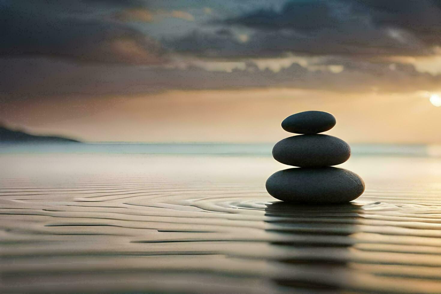 zen piedras en el playa a puesta de sol. generado por ai foto