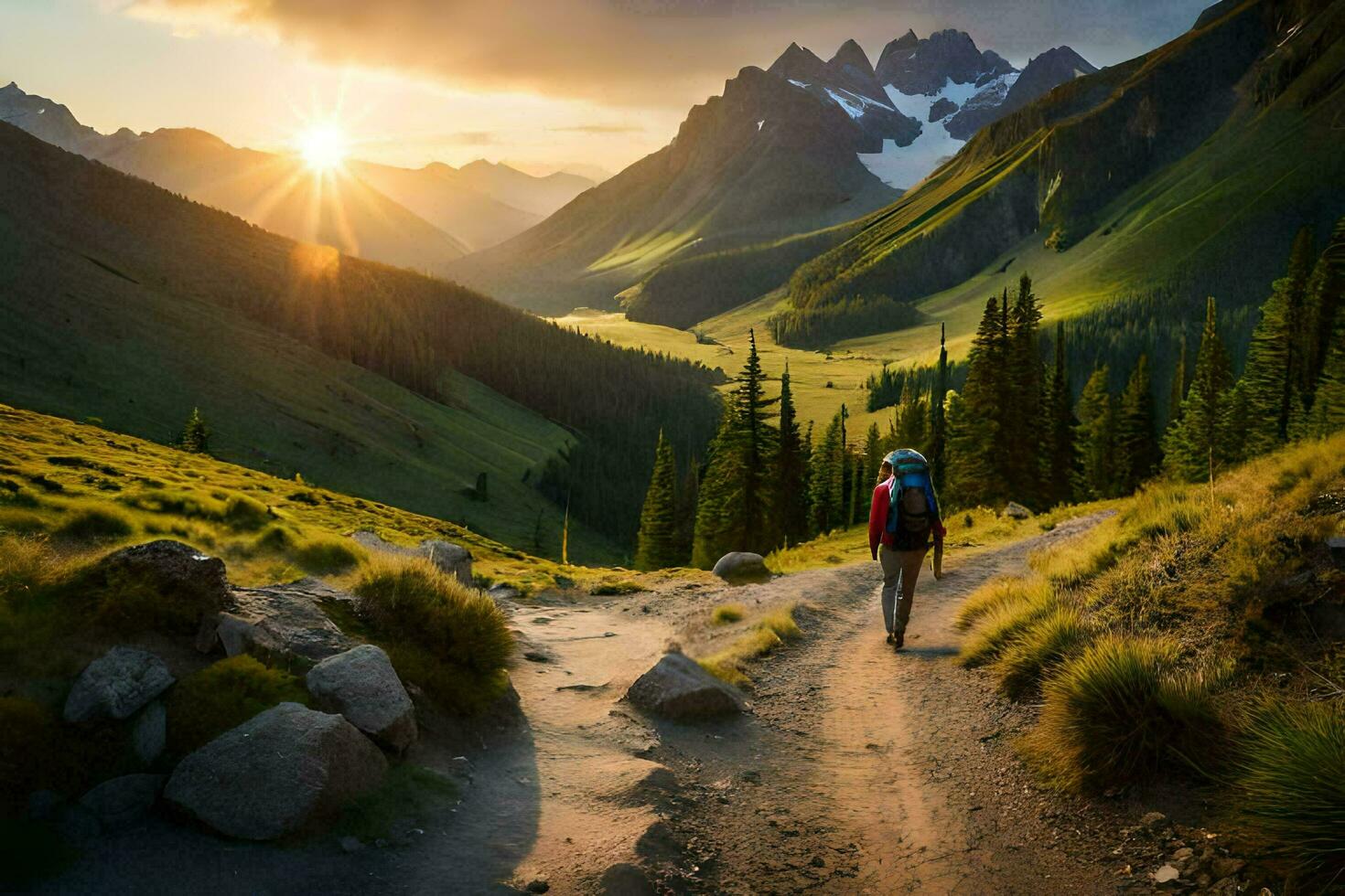 a person walks up a trail in the mountains. AI-Generated photo