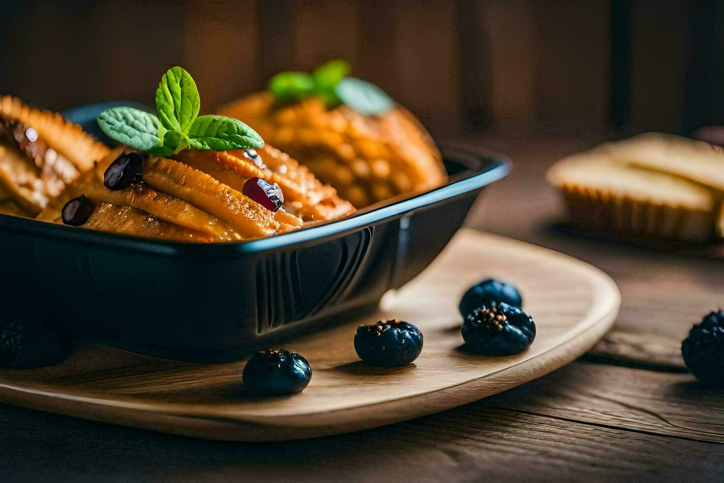 a bowl of blueberries and a slice of bread. AI-Generated photo