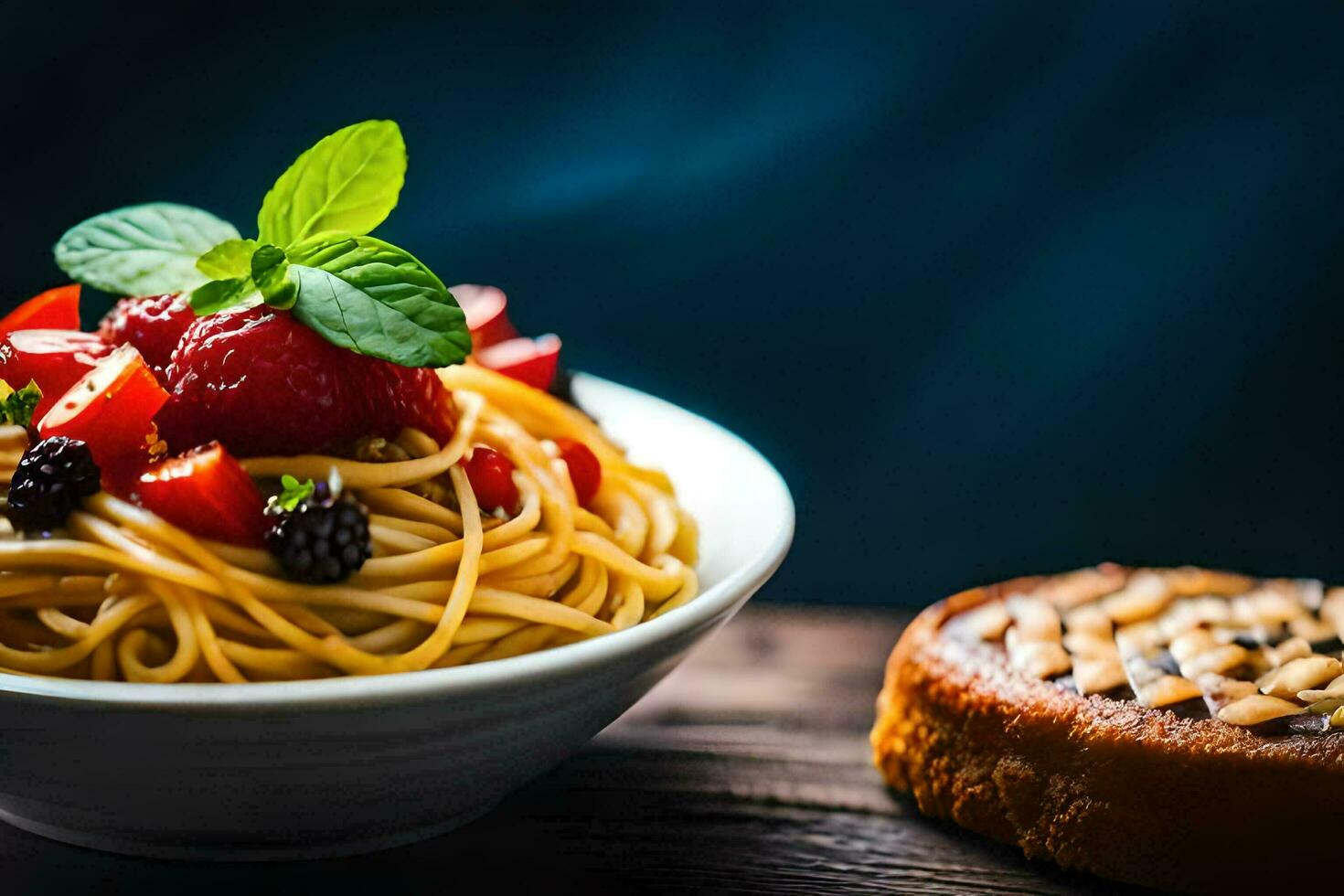 spaghetti with berries and mint leaves. AI-Generated photo