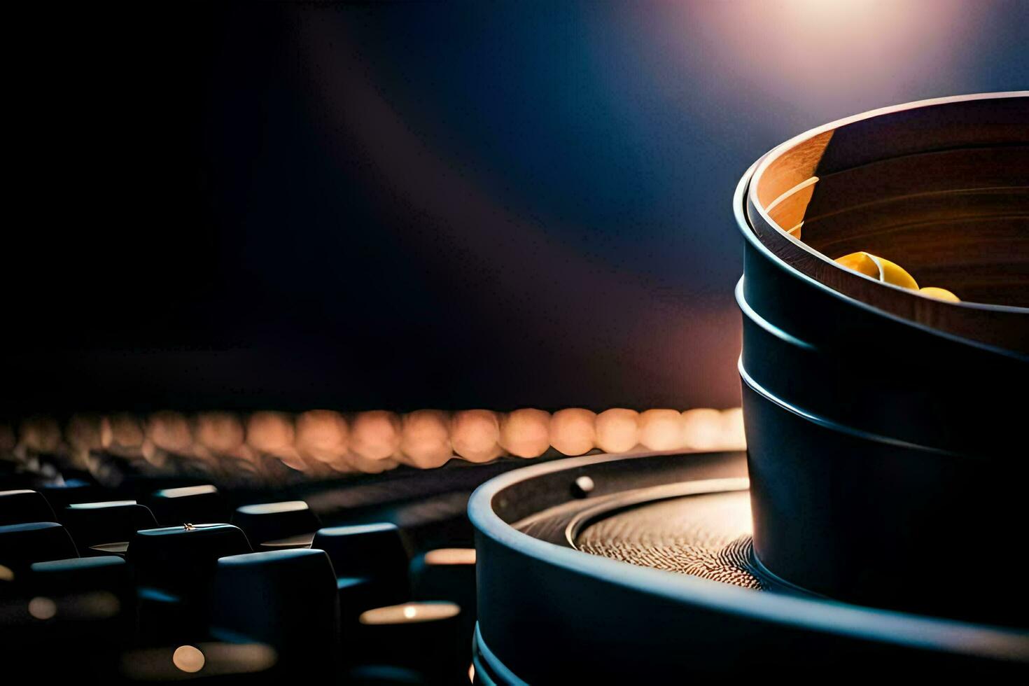 a film reel sits on top of a keyboard. AI-Generated photo