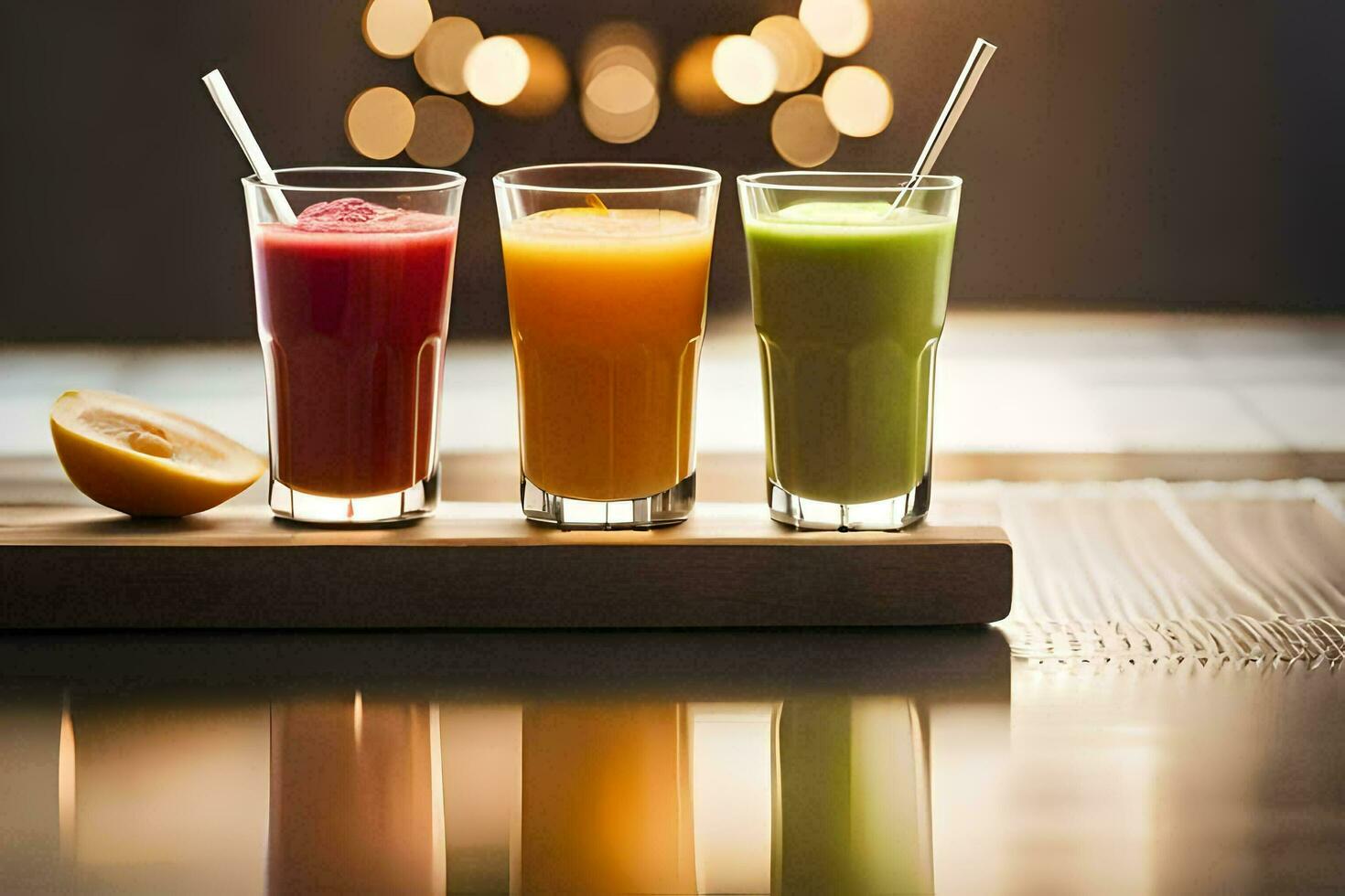 three glasses of juice on a table. AI-Generated photo