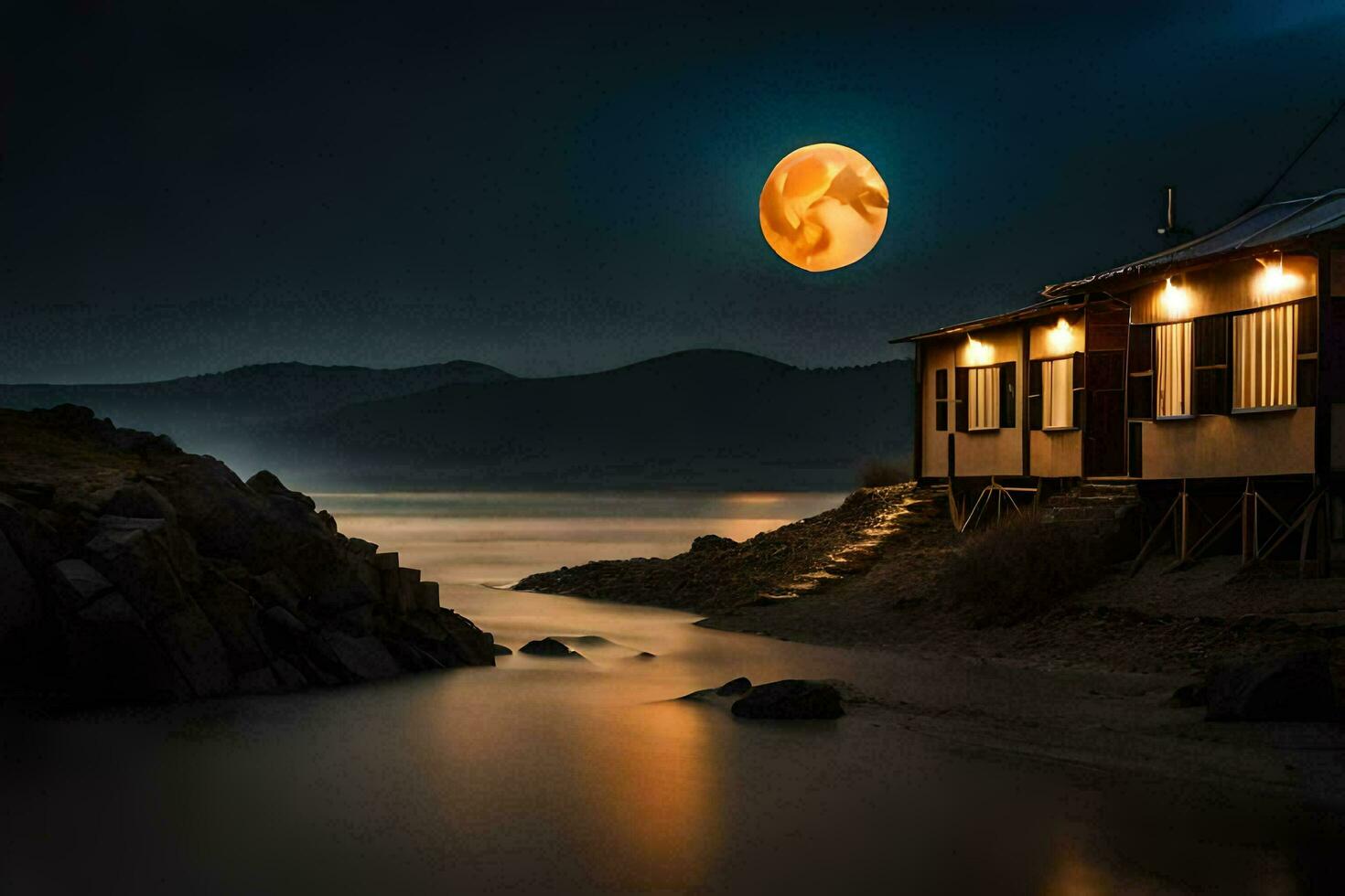 a house on the beach with a full moon. AI-Generated photo