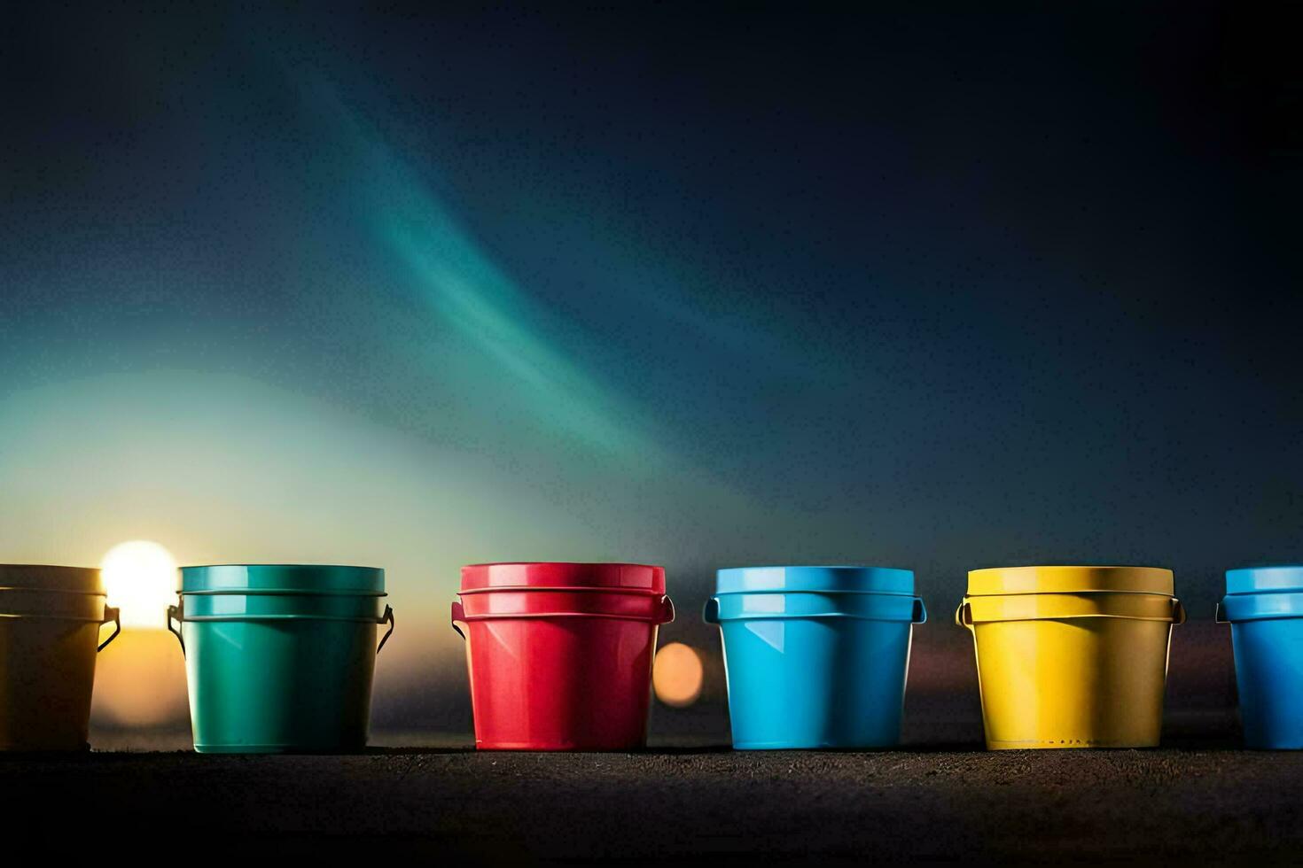 colorful buckets lined up against a dark background. AI-Generated photo