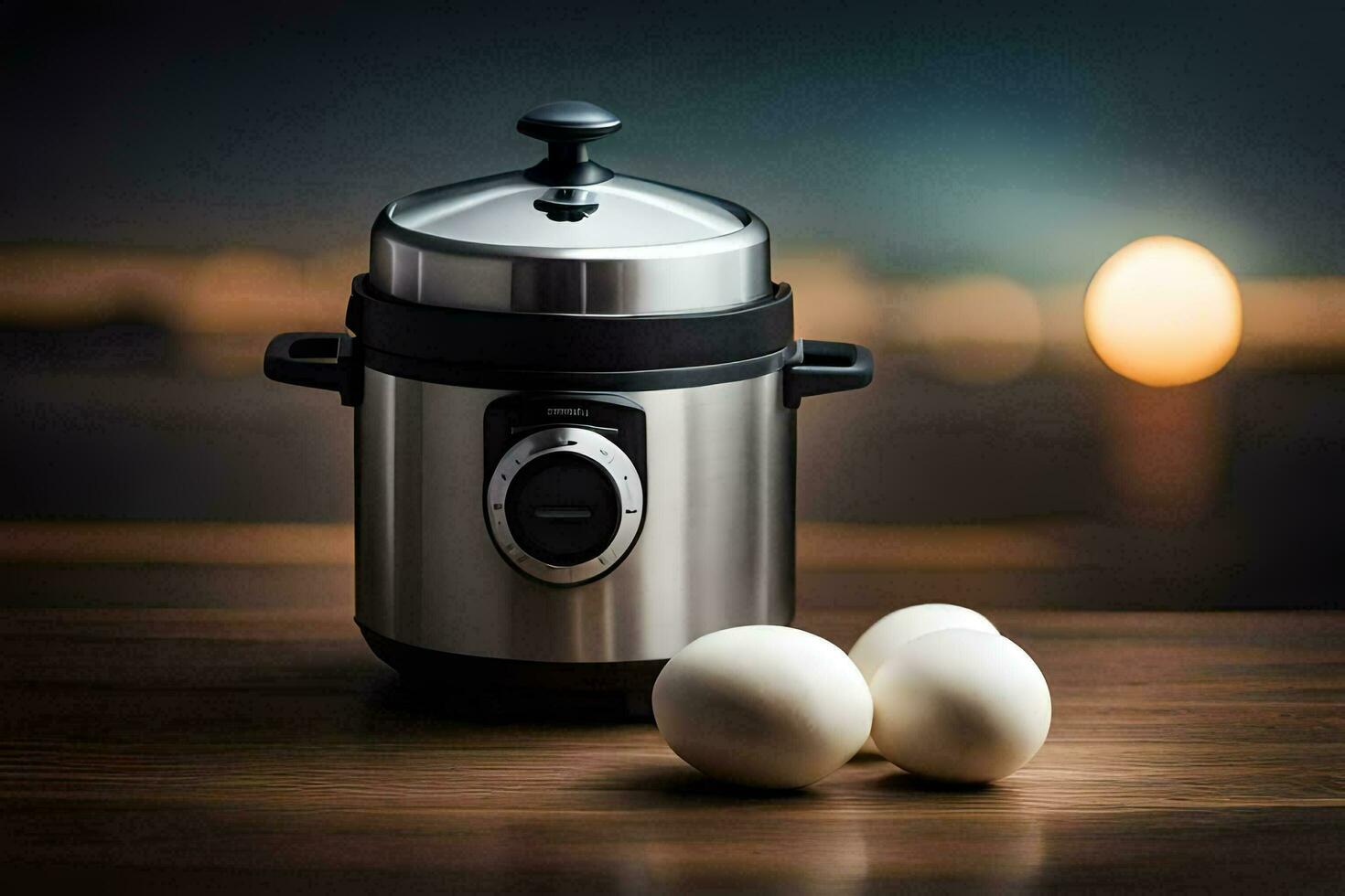 an electric pressure cooker with two eggs on a table. AIGenerated