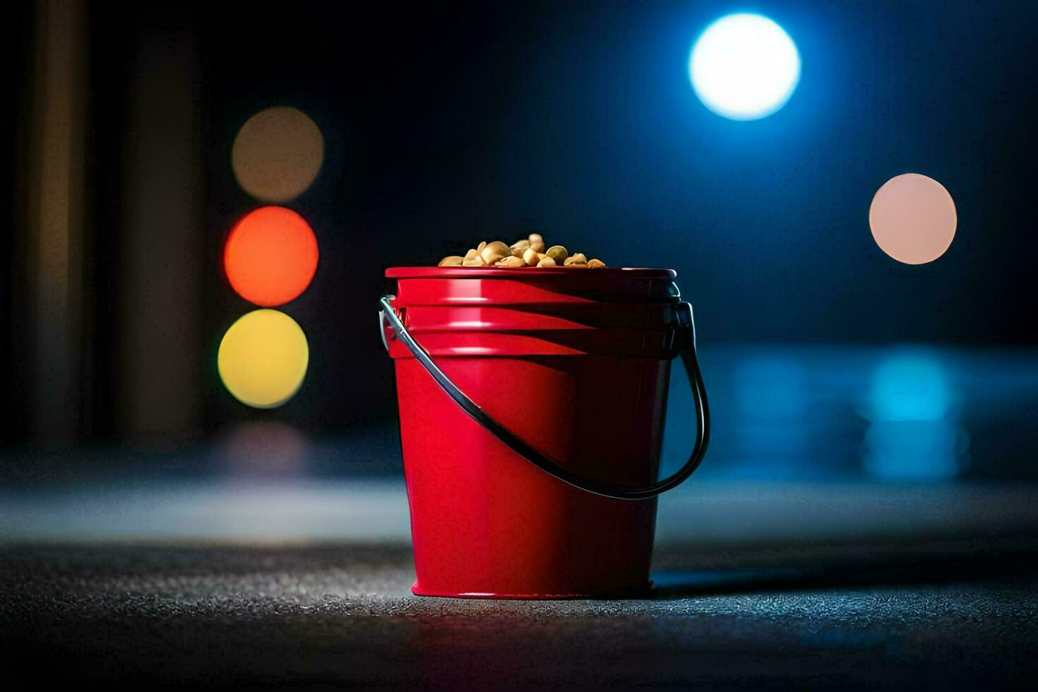 a red bucket with peanuts sitting on the street. AI-Generated photo