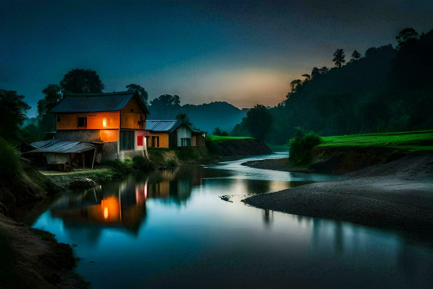 photo wallpaper the sky, river, house, the night, the village, the river, the. AI-Generated