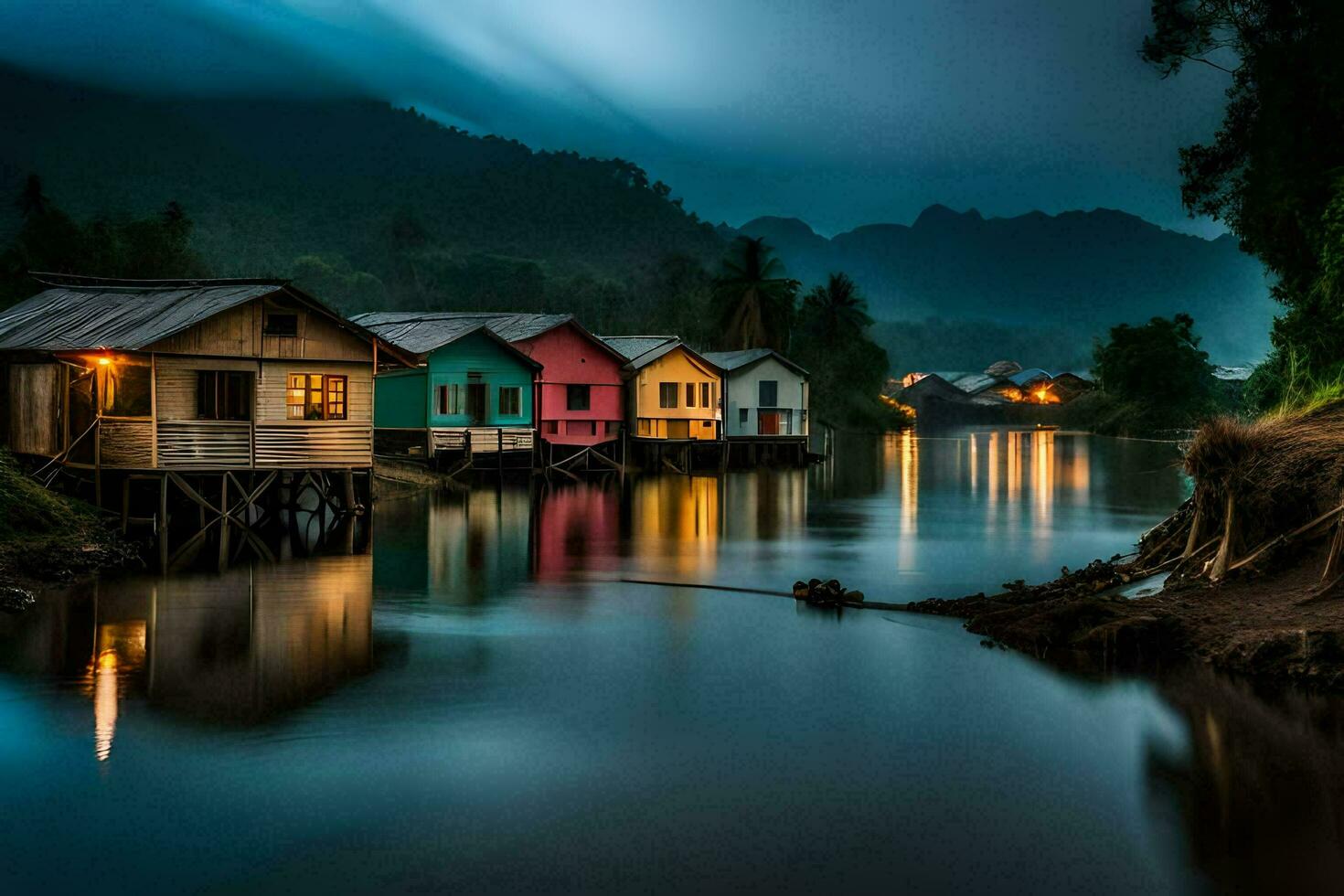 houses on the river at night with fog in the background. AI-Generated photo