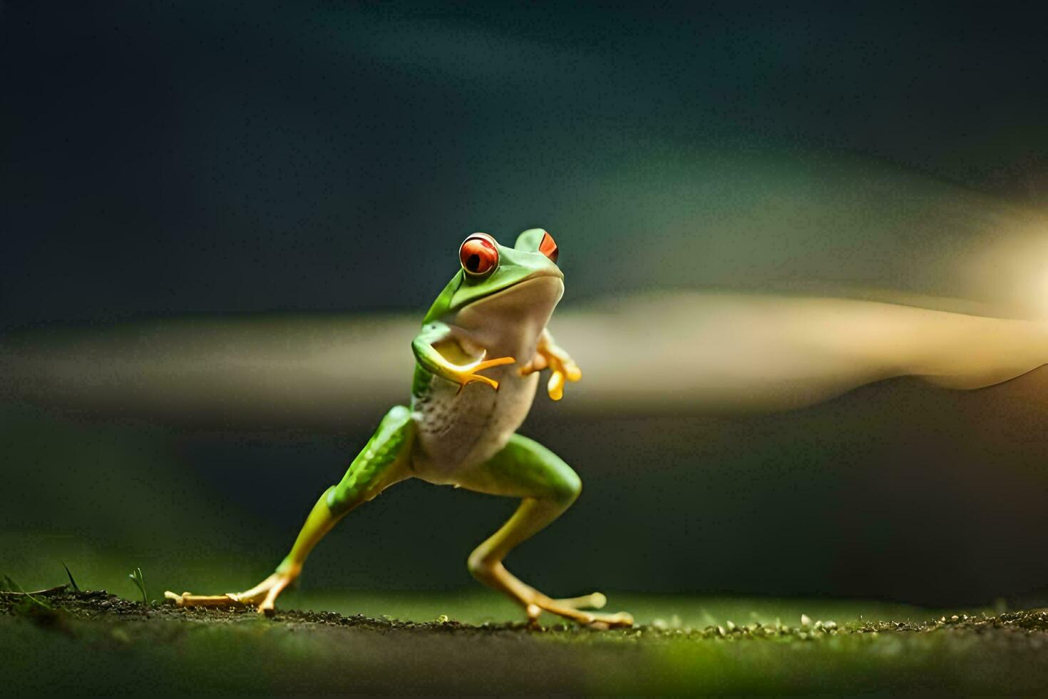 a frog is standing on its hind legs in the dark. AI-Generated photo