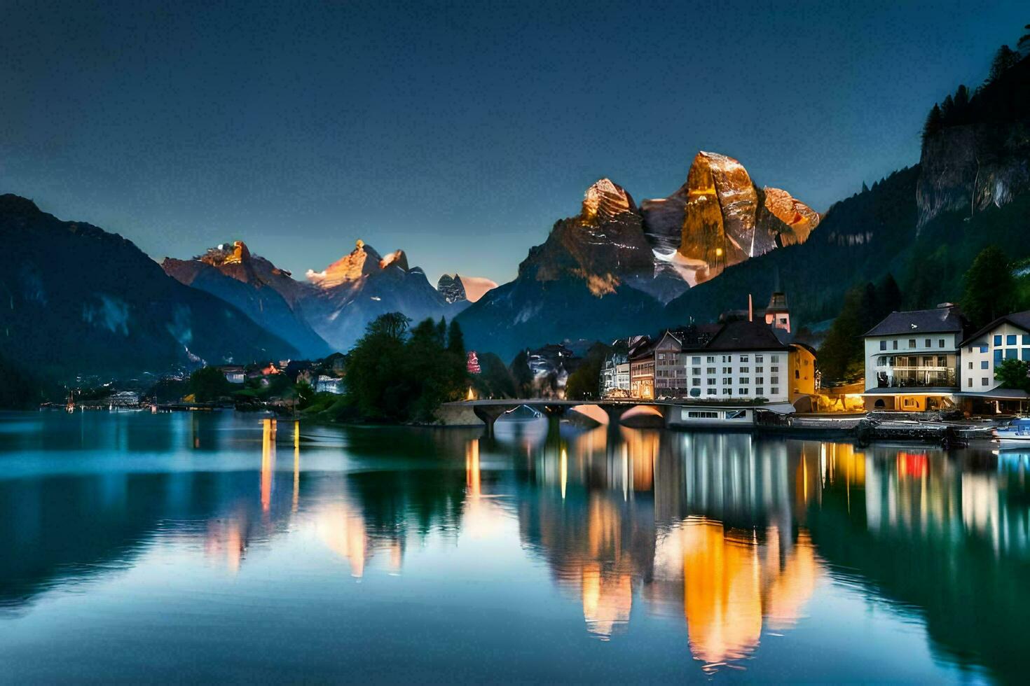 el hermosa montañas y lago en Suiza. generado por ai foto