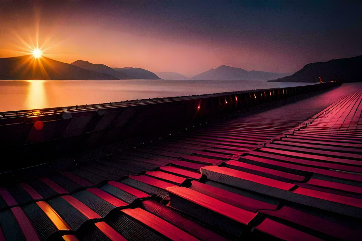 the sun sets over a pier with red and blue lights. AI-Generated photo