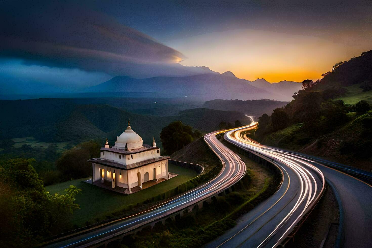 a road with a white building in the middle of a mountain. AI-Generated photo