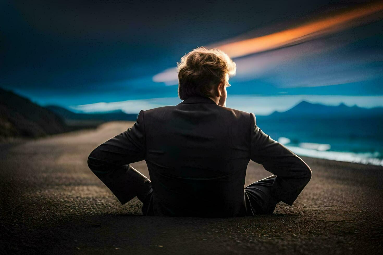 a man sitting on the road looking out at the ocean. AI-Generated photo