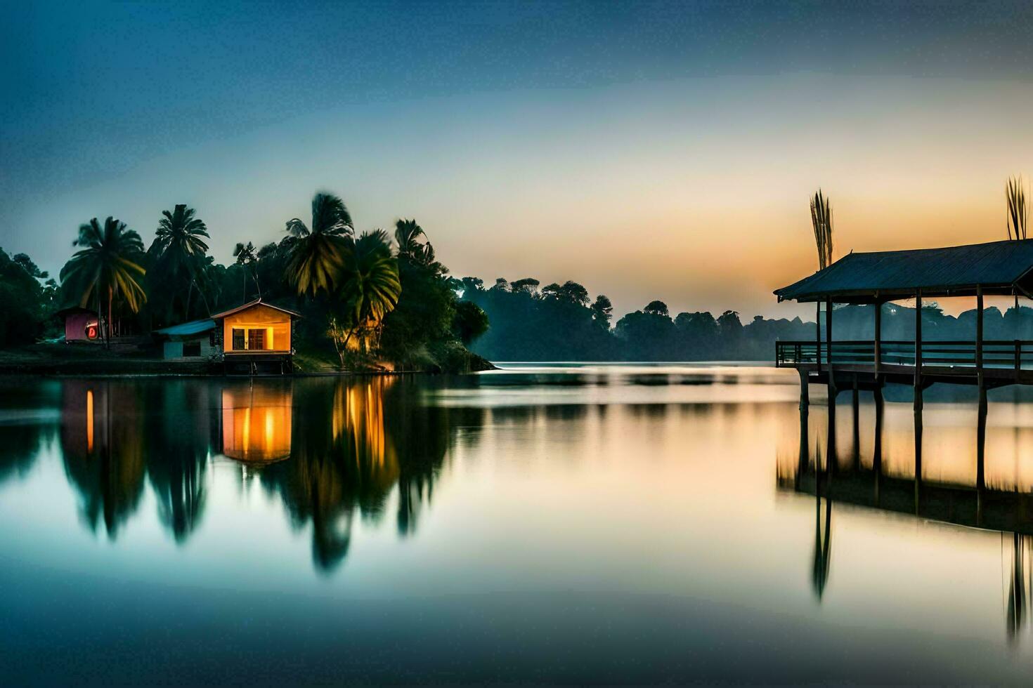 a lake with a small house on the shore. AI-Generated photo
