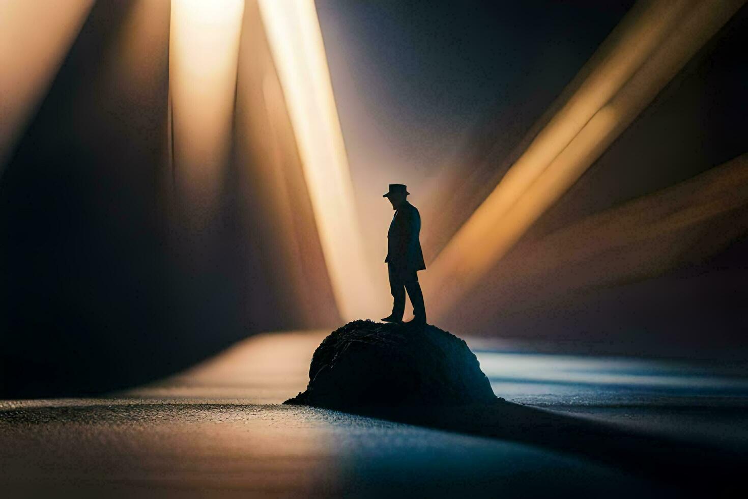 a man standing on top of a rock in the dark. AI-Generated photo