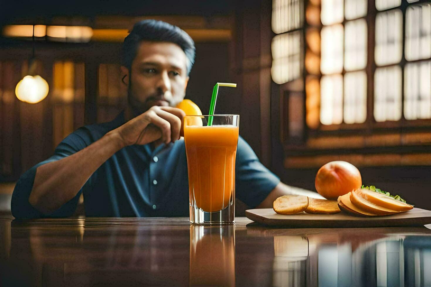 a man sitting at a table with a glass of orange juice. AI-Generated photo