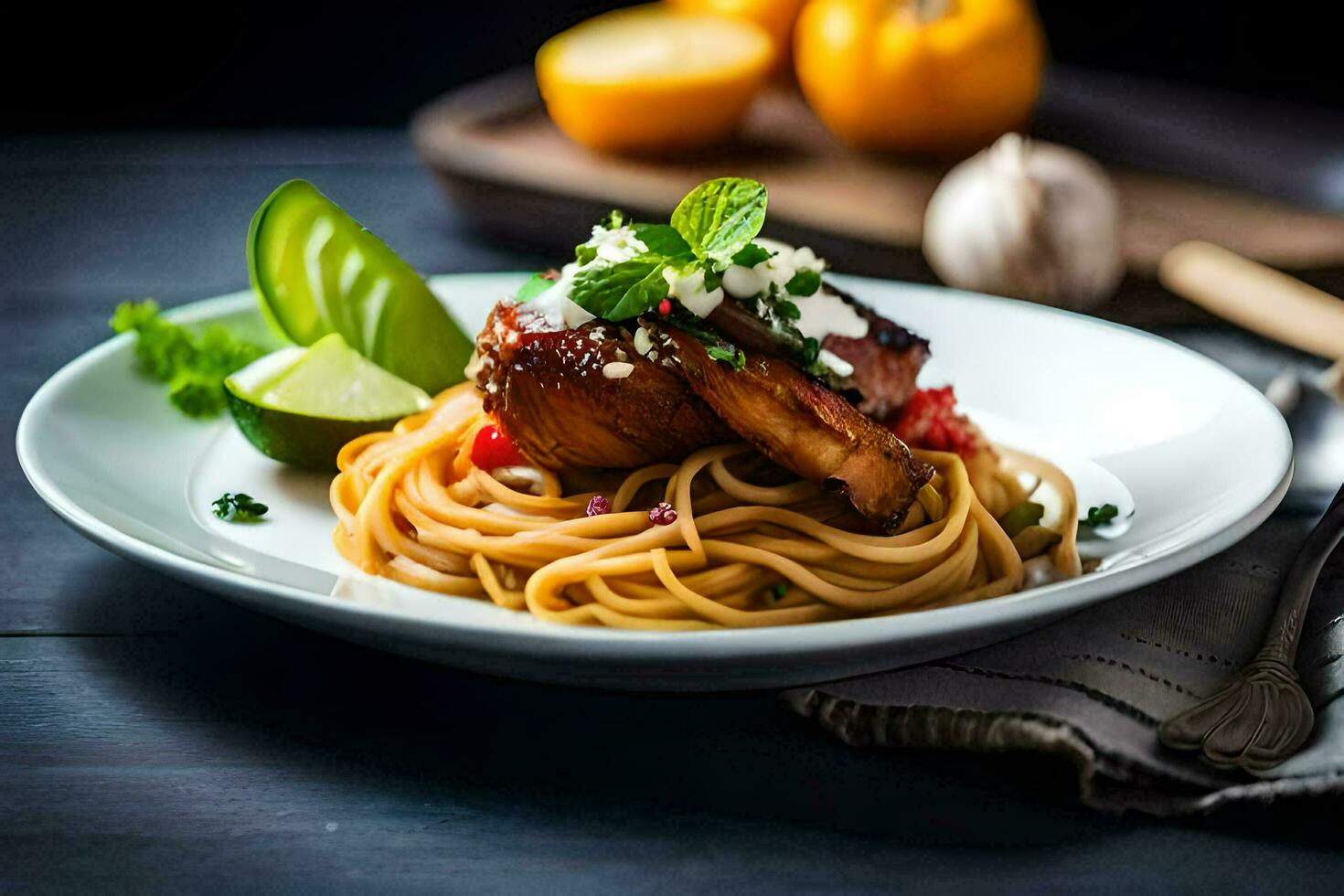 a plate of spaghetti with meat and vegetables. AI-Generated photo