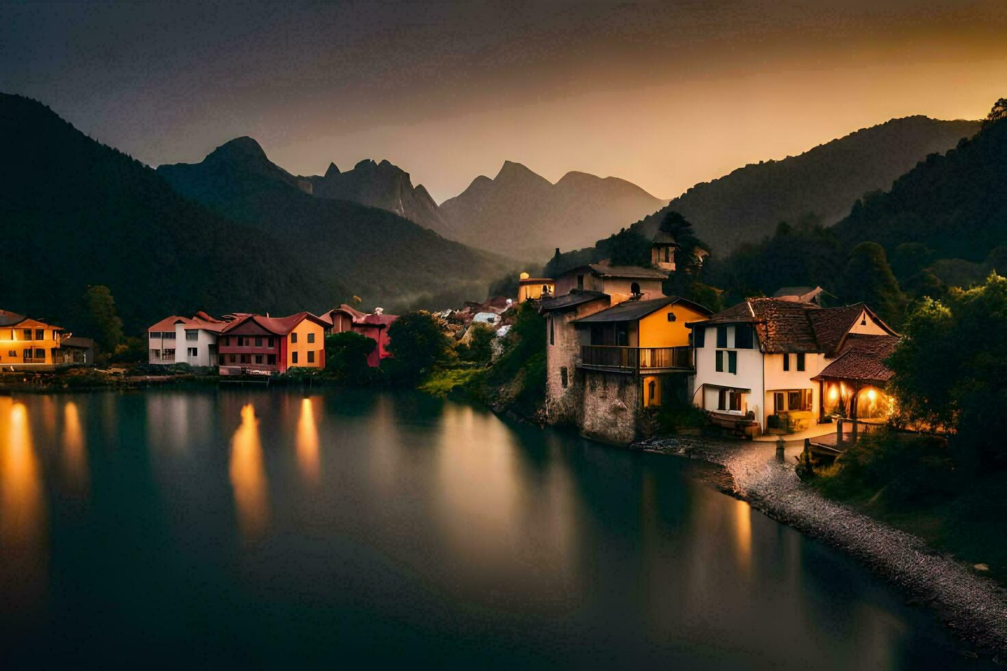 foto fondo de pantalla el cielo, montañas, lago, casas, el aldea, el lago, el aldea. generado por ai