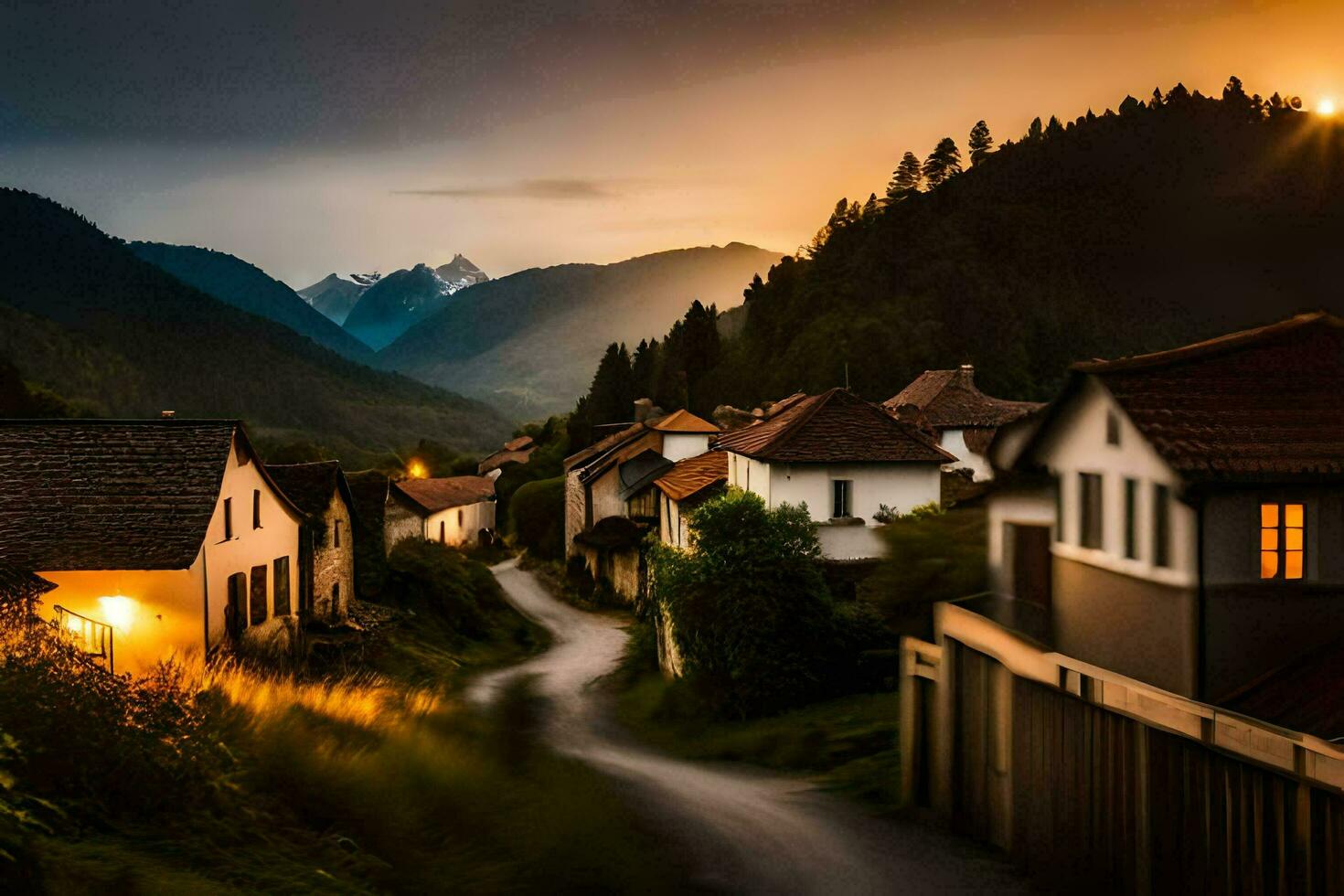 photo wallpaper the sky, mountains, road, houses, trees, village, sunset, road,. AI-Generated