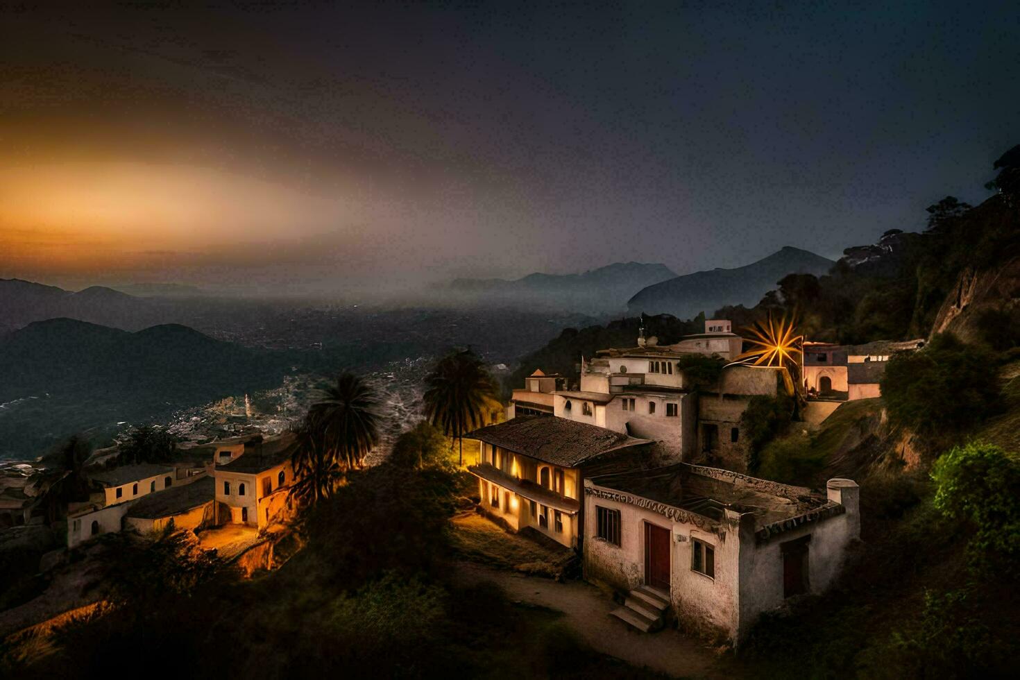 a village in the mountains at sunset. AI-Generated photo