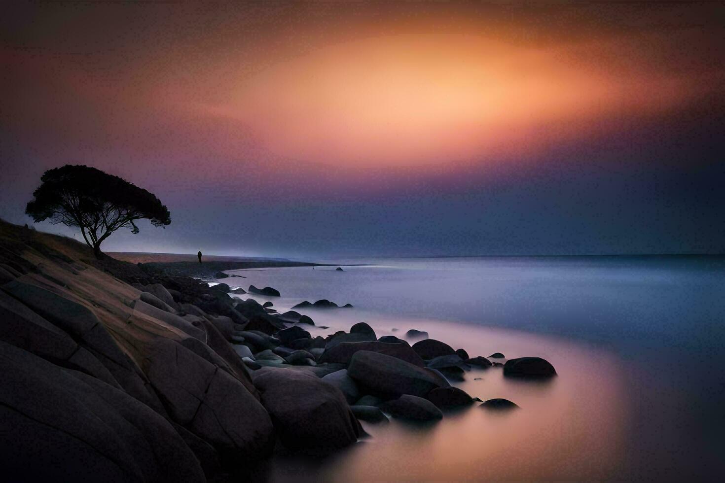 a lone tree stands on the shore of a rocky beach. AI-Generated photo