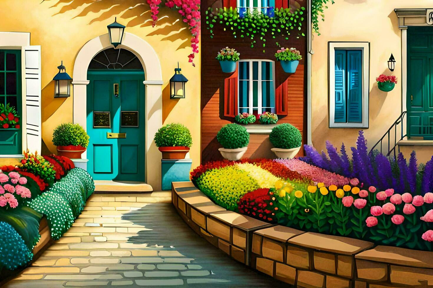 a painting of a colorful street with flowers and plants. AI-Generated photo
