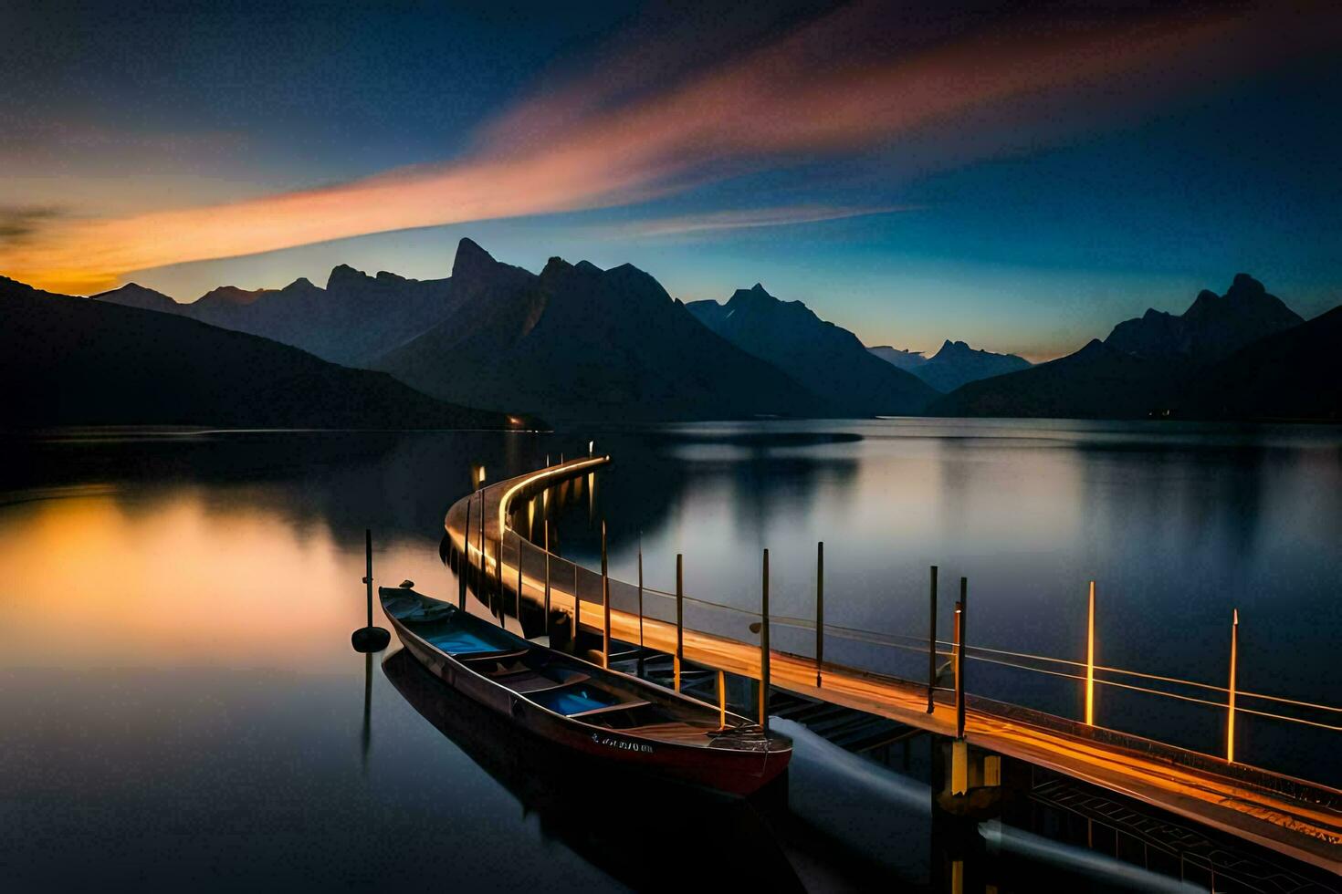 a boat docked at the end of a pier in the middle of a lake. AI-Generated photo