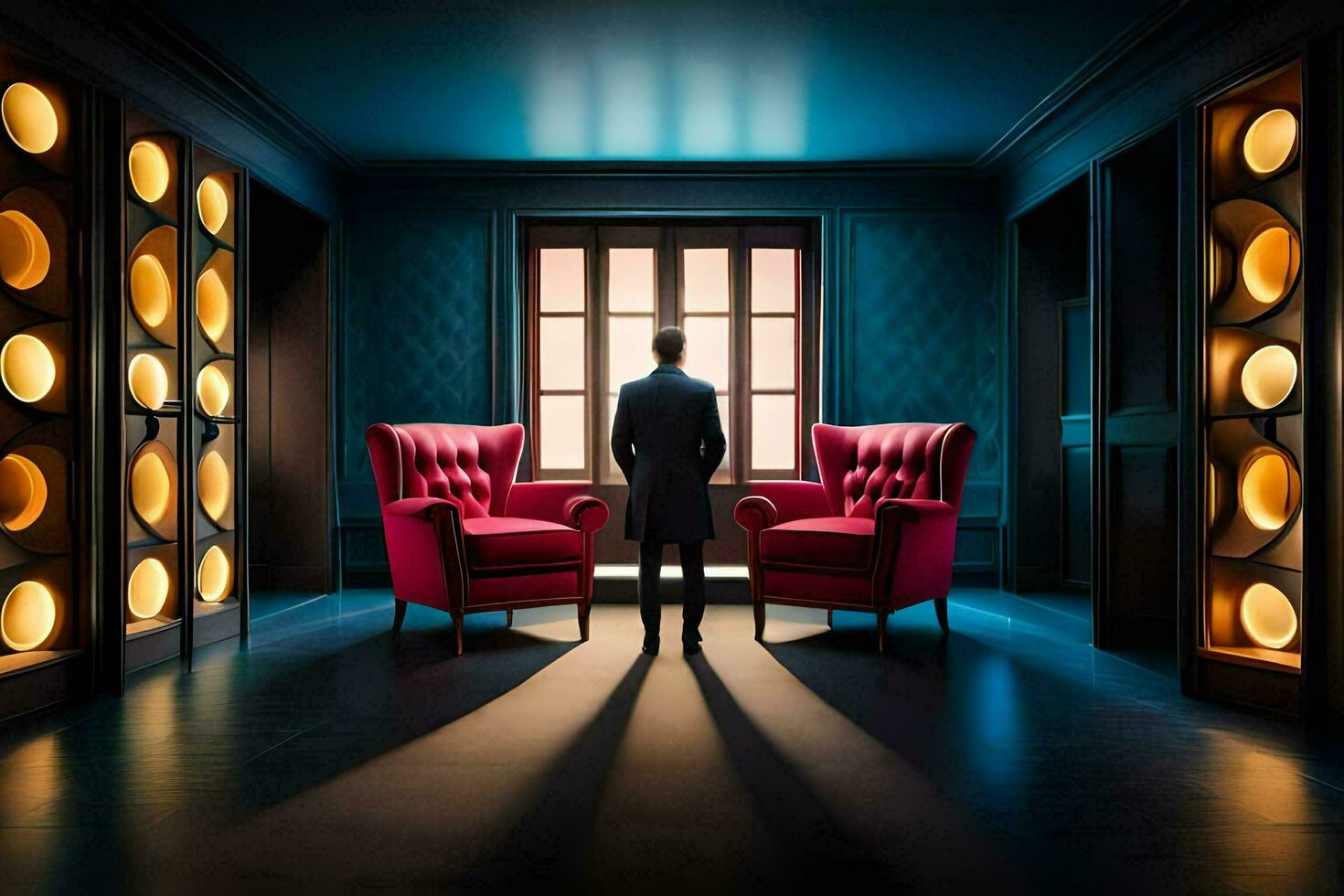 the man in the room is standing in front of two red chairs. AI-Generated photo