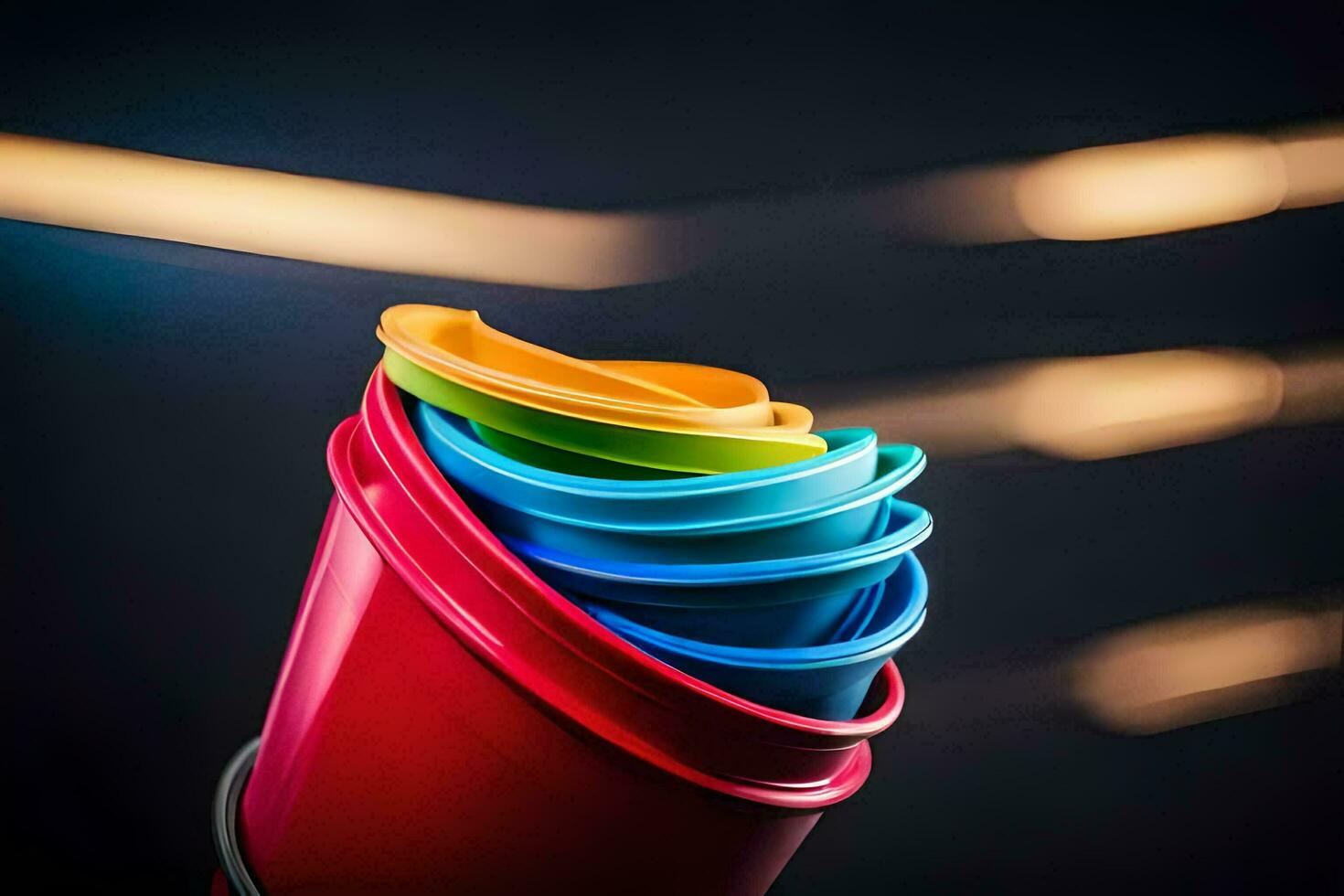 a stack of colorful plastic cups on a table. AI-Generated photo