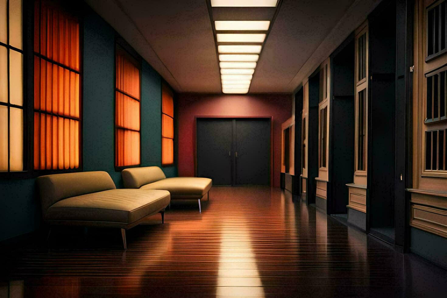 a hallway with two couches and a window. AI-Generated photo