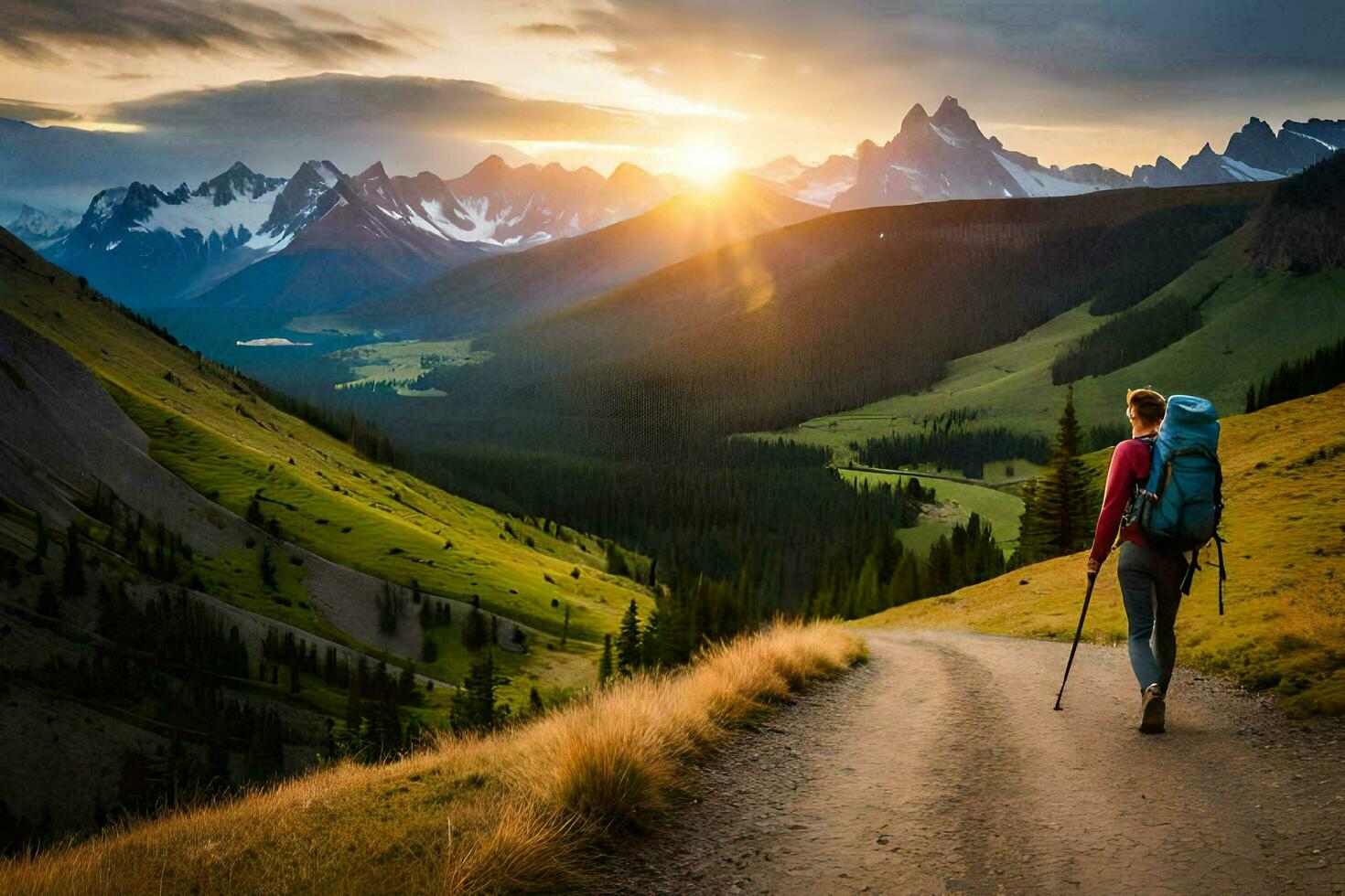 a hiker walks down a path in the mountains. AI-Generated photo