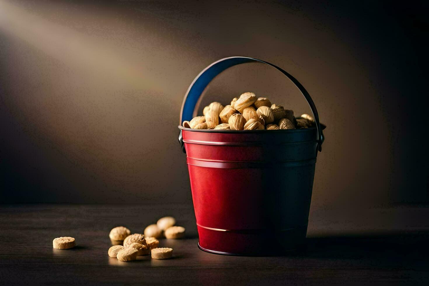 a red bucket filled with peanuts on a table. AI-Generated photo