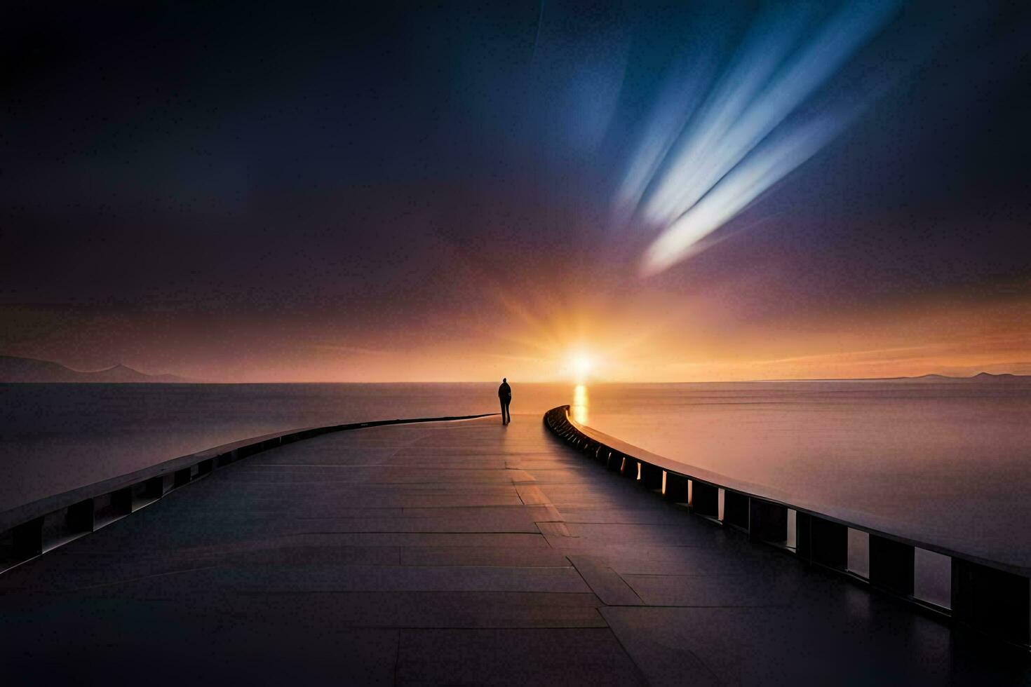 a man walks along a pier at sunset. AI-Generated photo