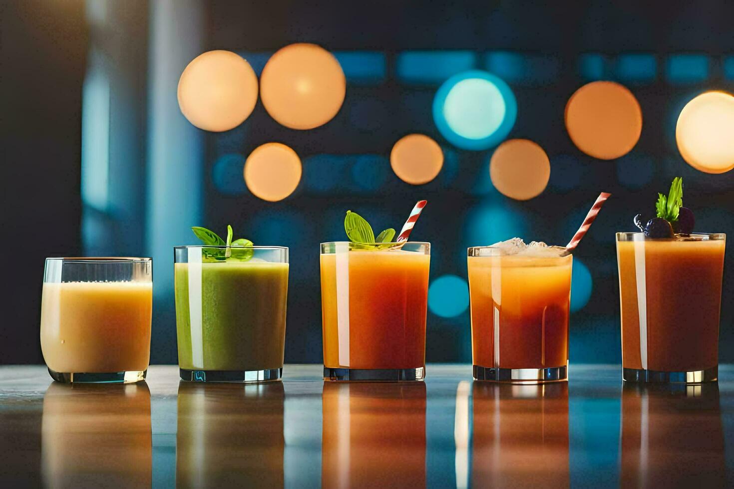 five different types of juices in glasses. AI-Generated photo