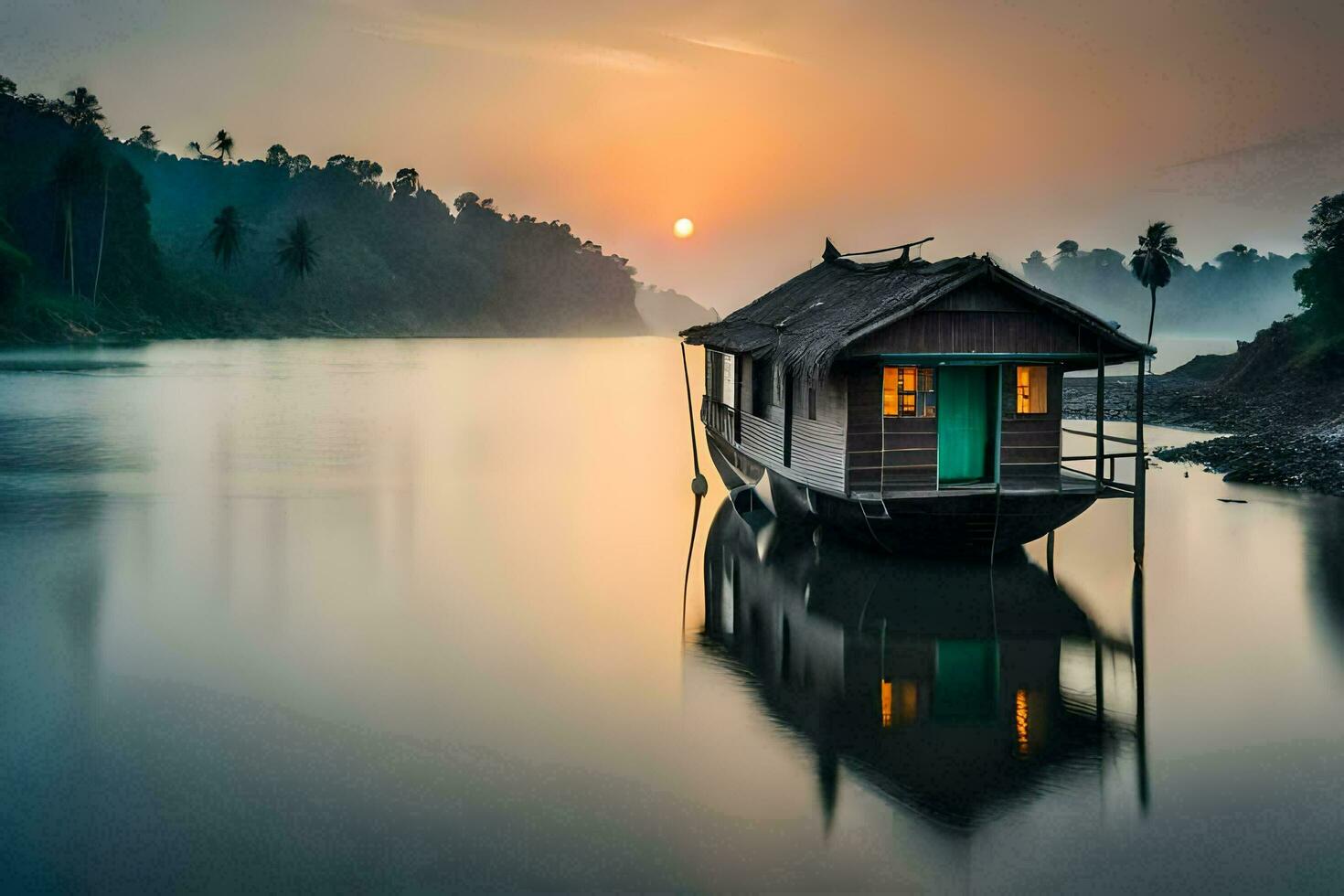 a houseboat is on the water at sunrise. AI-Generated photo