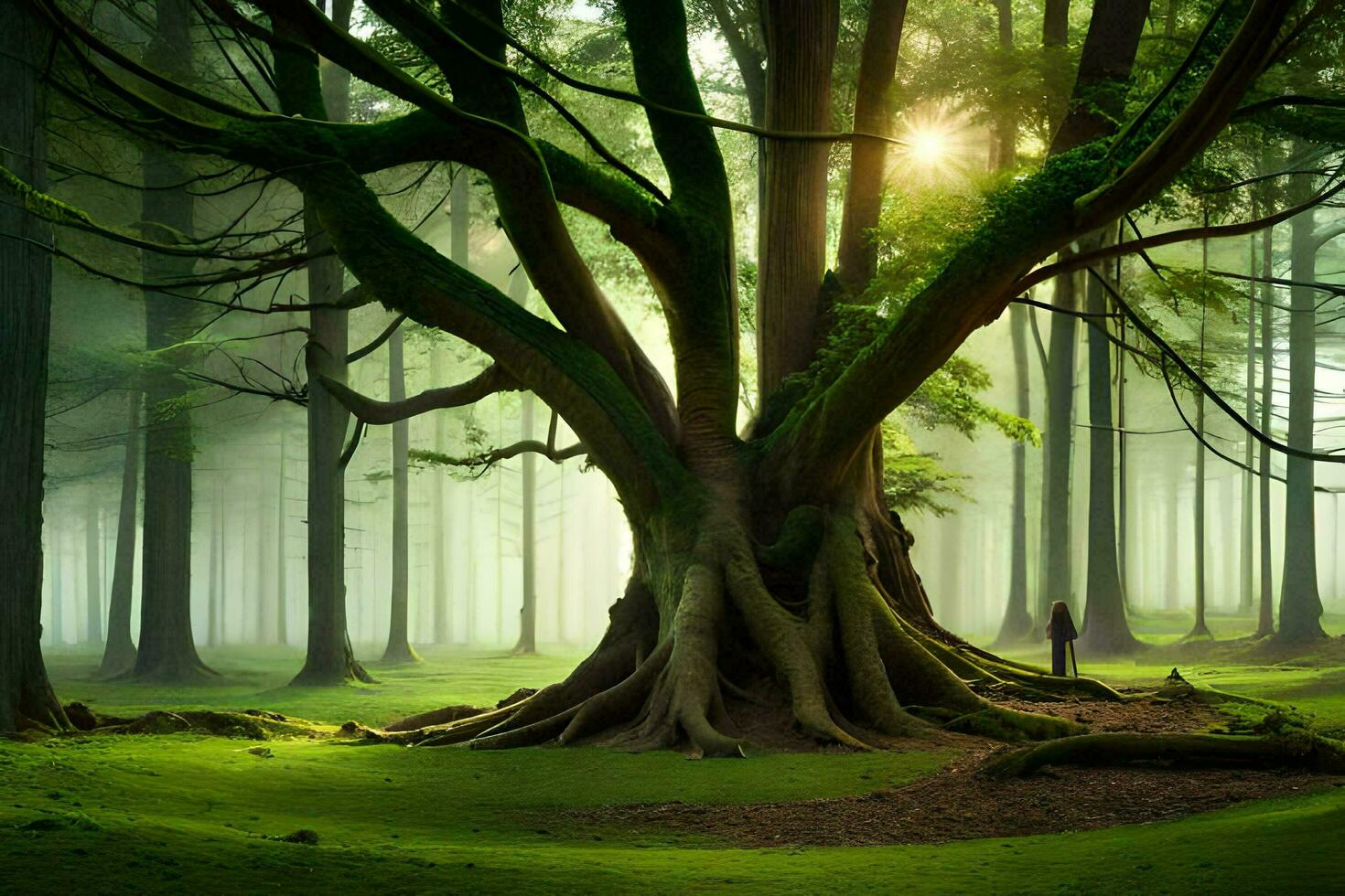 un grande árbol en el medio de un bosque. generado por ai foto