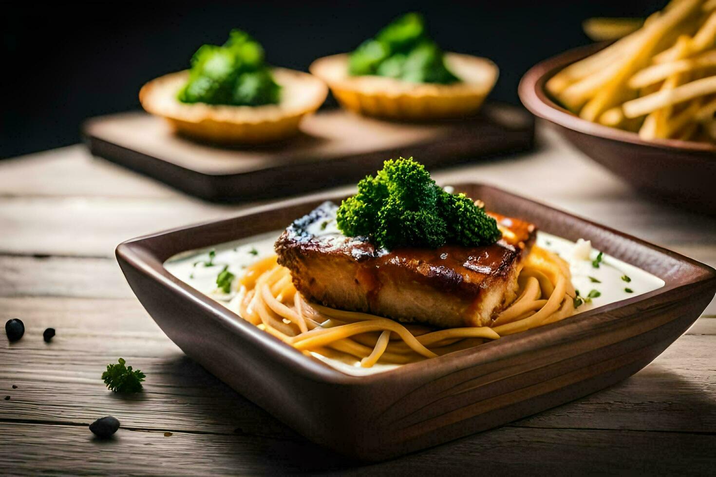 a bowl of spaghetti with meat and broccoli. AI-Generated photo