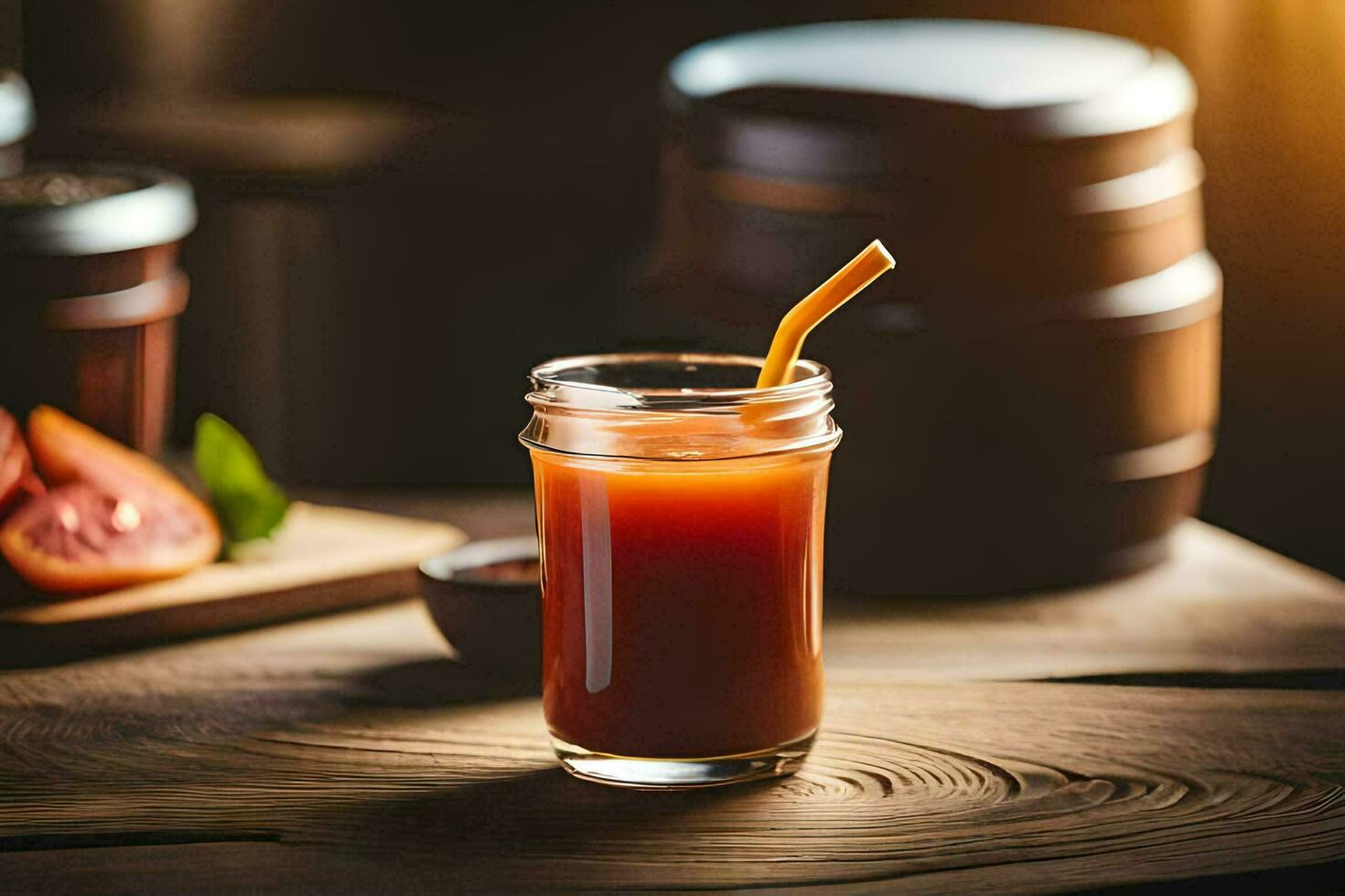 a glass of juice with a straw on a wooden table. AI-Generated photo