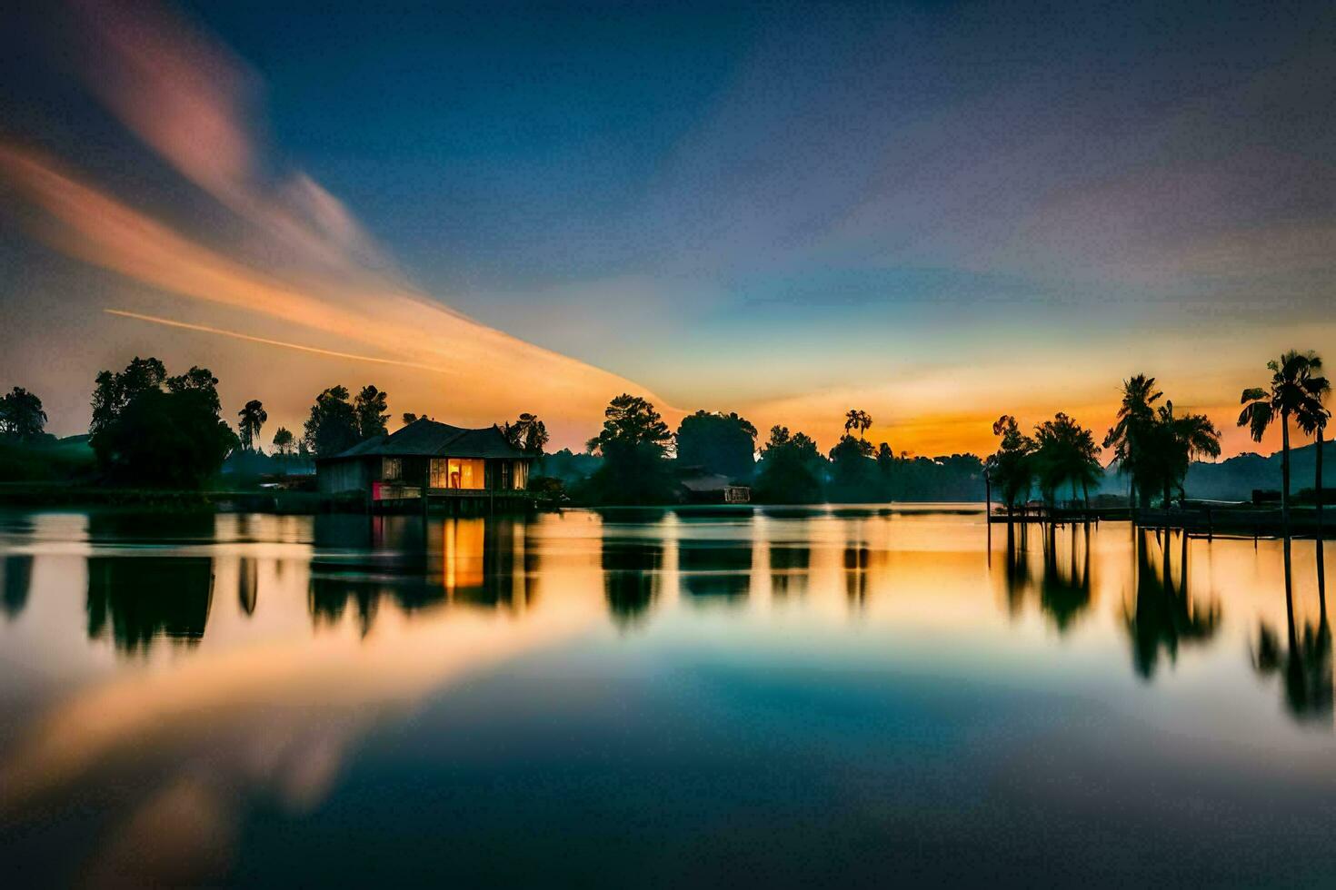 a lake with a house in the middle of it at sunset. AI-Generated photo