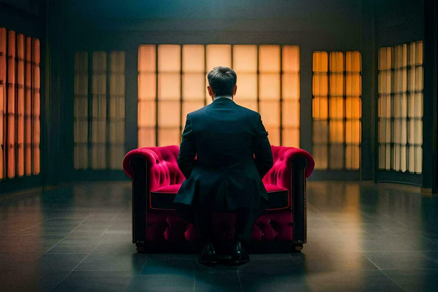 a man in a suit sits on a red chair in an empty room. AI-Generated photo