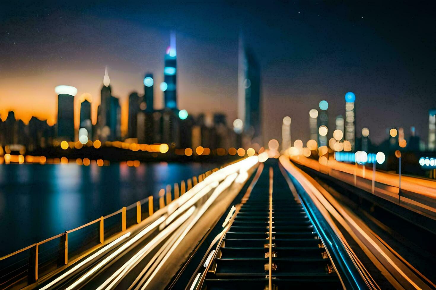 a train traveling along a track with city lights in the background. AI-Generated photo