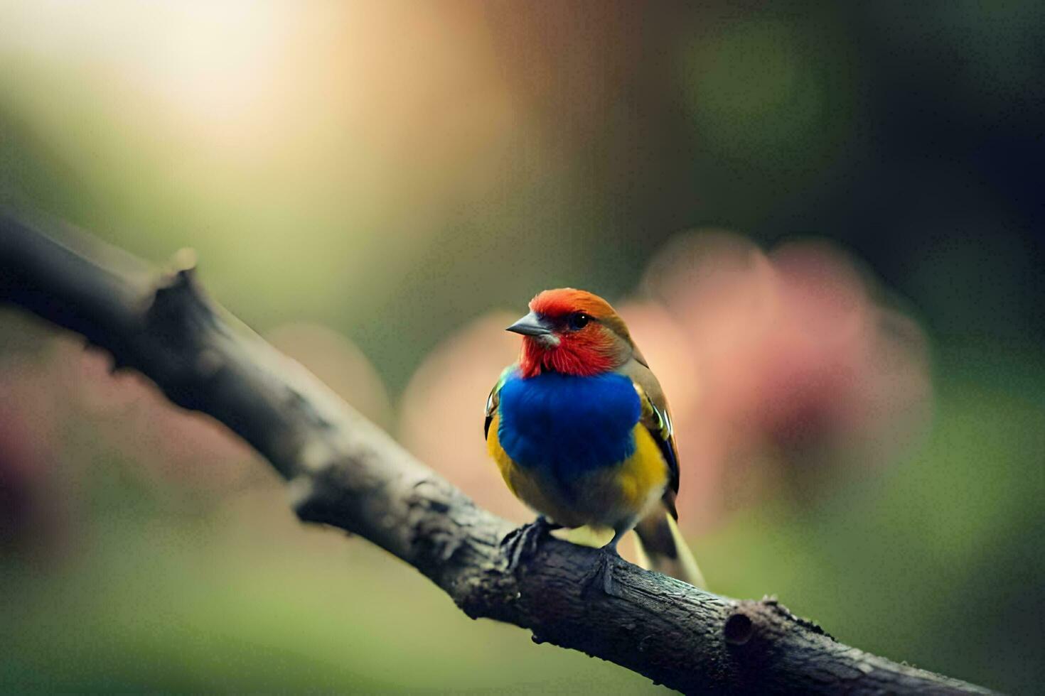 a colorful bird sits on a branch in the sun. AI-Generated photo