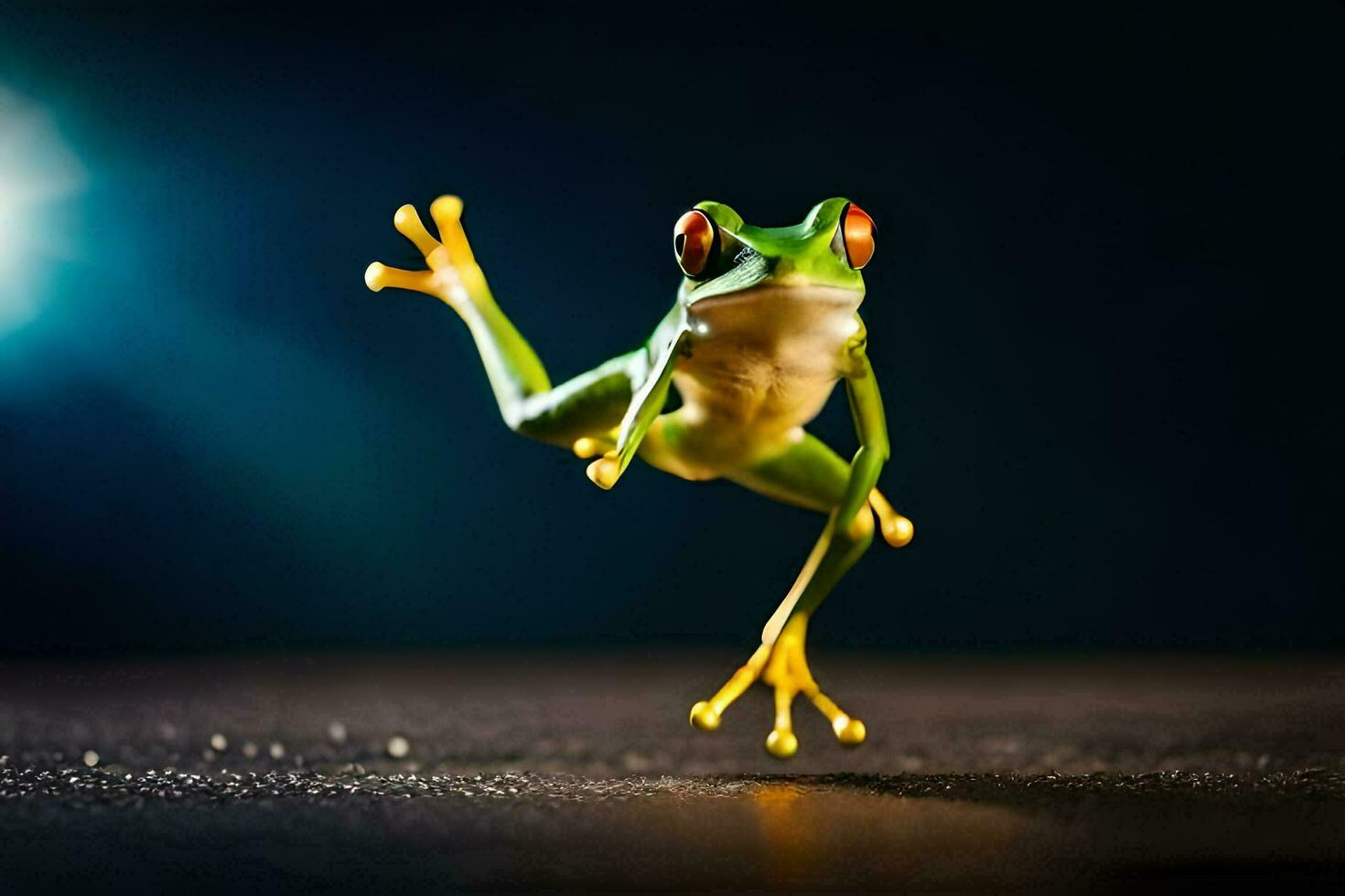 a frog jumping in the air with its legs spread. AI-Generated photo