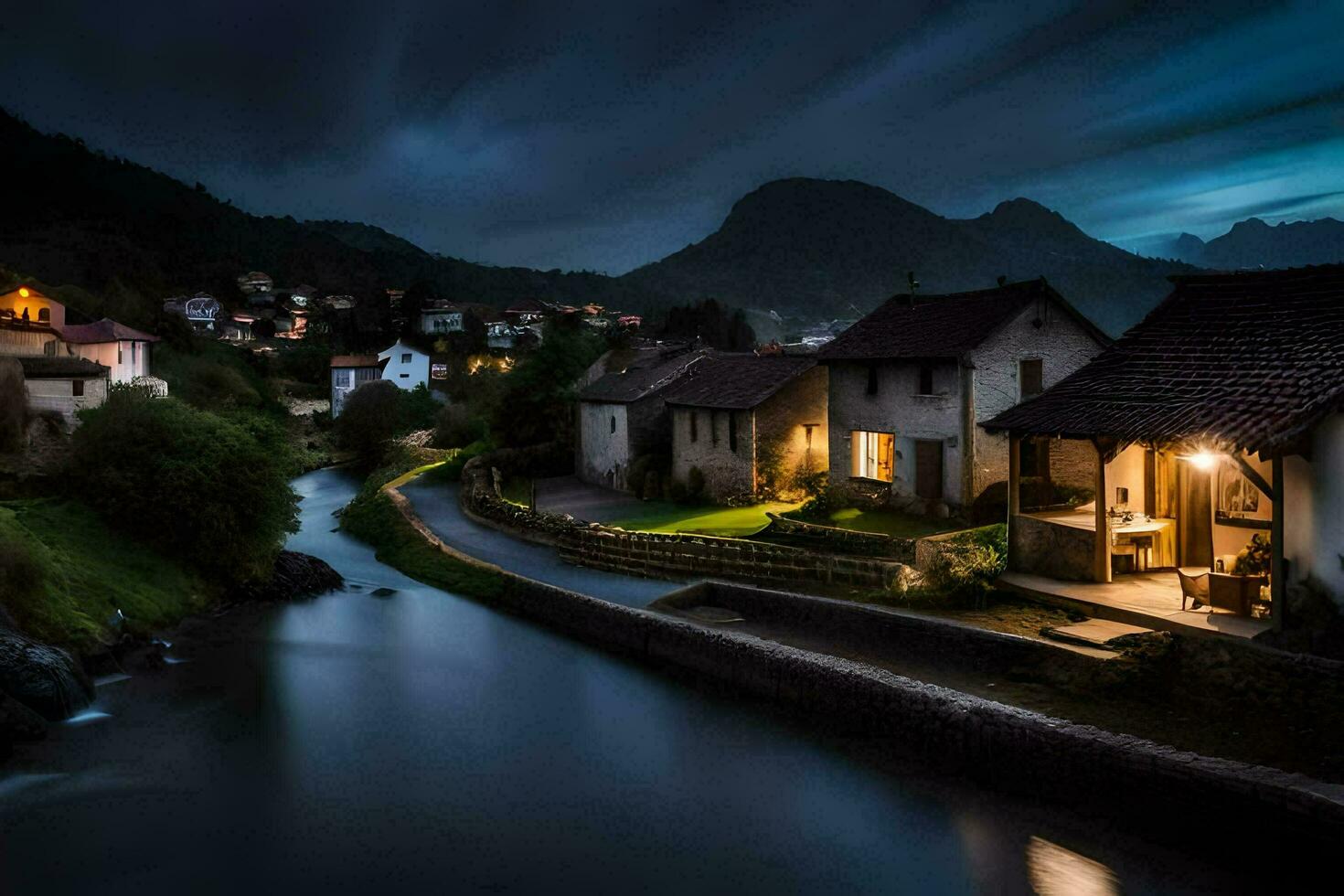 foto fondo de pantalla el cielo, noche, río, casas, aldea, noche, río, casas,. generado por ai