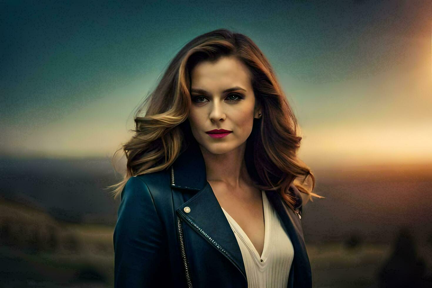 the actress is wearing a leather jacket and white shirt. AI-Generated photo