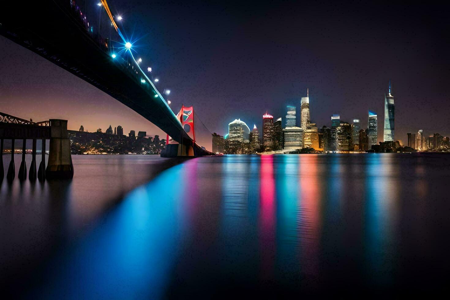 el ciudad horizonte a noche con un puente terminado agua. generado por ai foto