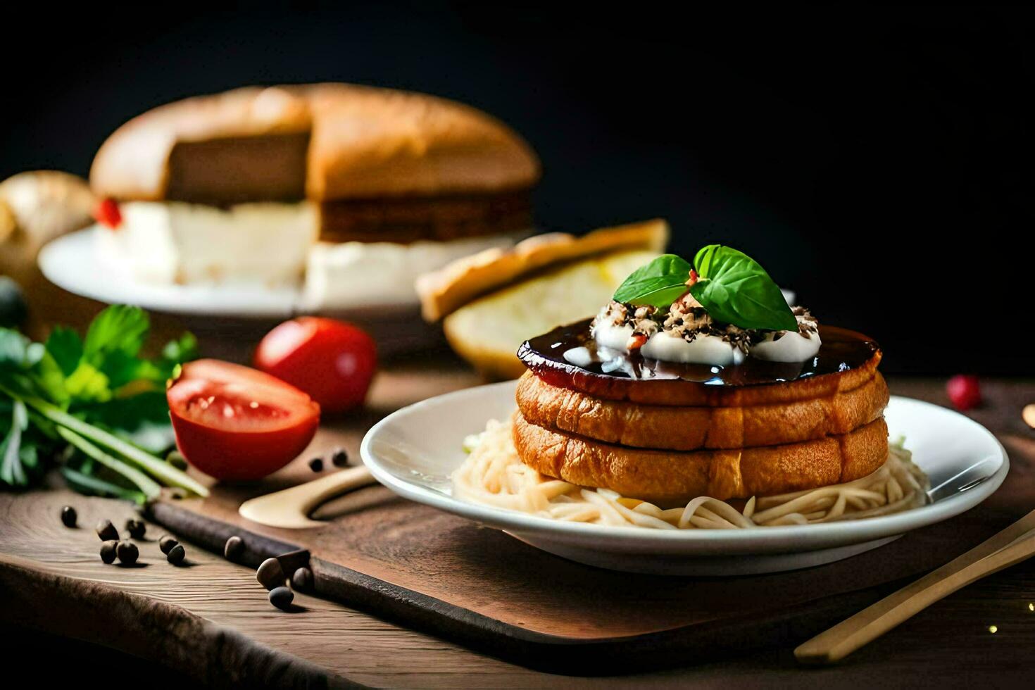 a plate of food with a cake and vegetables. AI-Generated photo