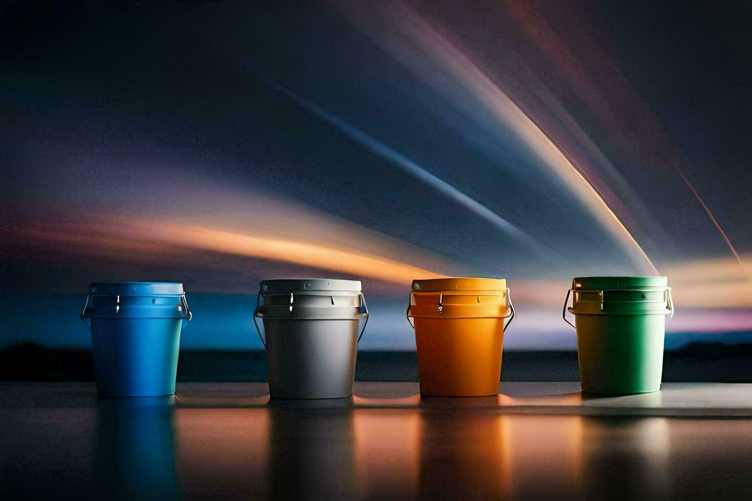 three colorful buckets on a table with a light trail. AI-Generated photo