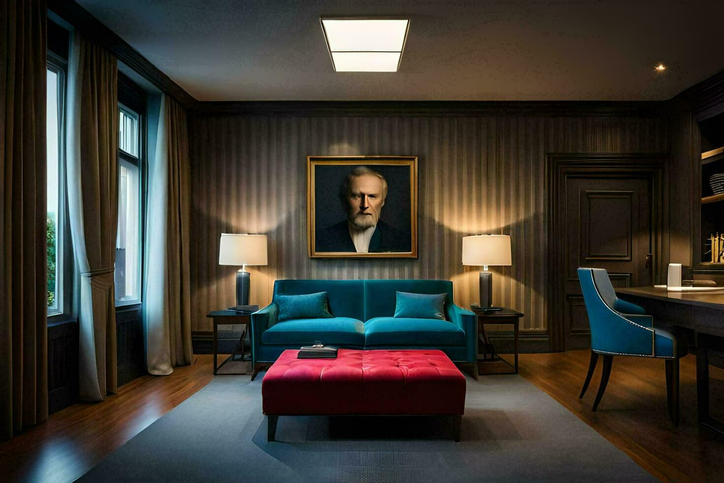 a living room with a painting on the wall. AI-Generated photo