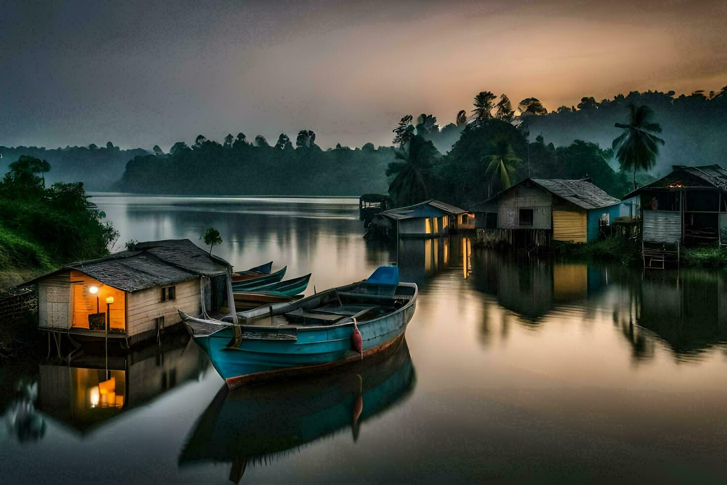 boats docked in the water near a small village. AI-Generated photo